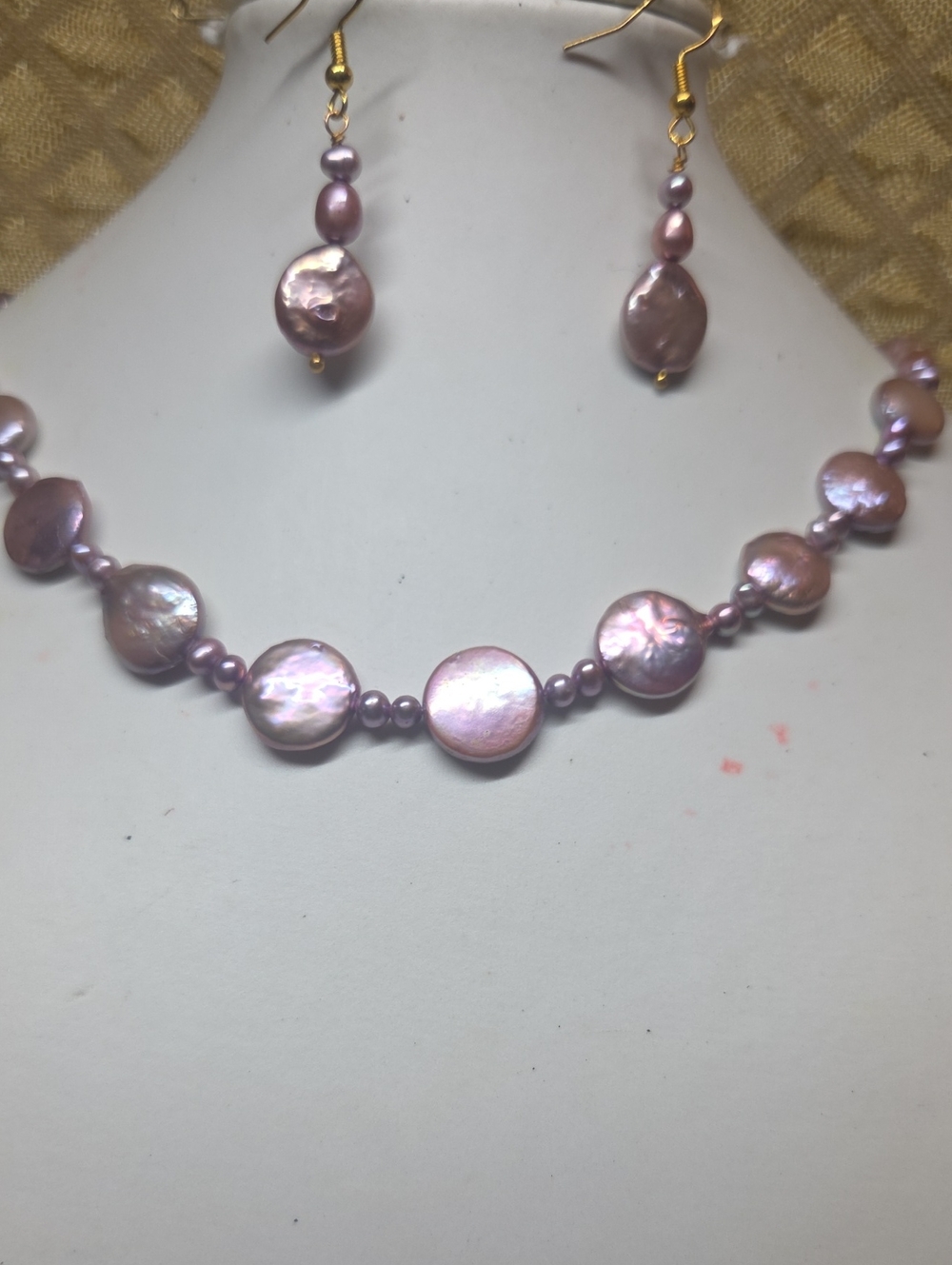 Pink Freshwater Pearl Coin Necklace & Earrings Set 925 Gold Over Silver Hooks